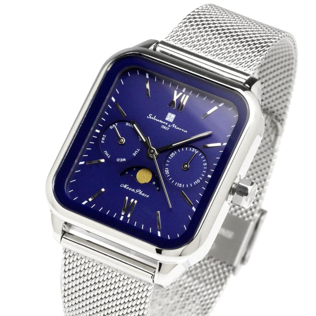 Salvatore Marra Square Moon Phase Watch with Stainless Steel Mesh Limited Edition Silver and Men's Multi-Calendar, Strap, Blue, SM24112-SSBLM