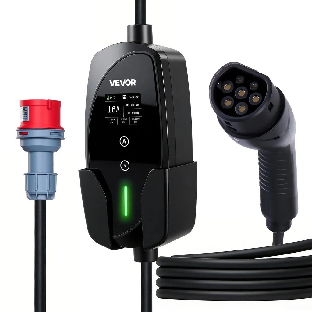VEVOR Wallbox Portabil, 11 kW 16A, Încărcător Portabil EV Tip 2, Încărcător Auto Vehicul Electric Trifazat cu Cablu de Încărcare de 8 m, Ștecher CEE16, Ecran LCD
