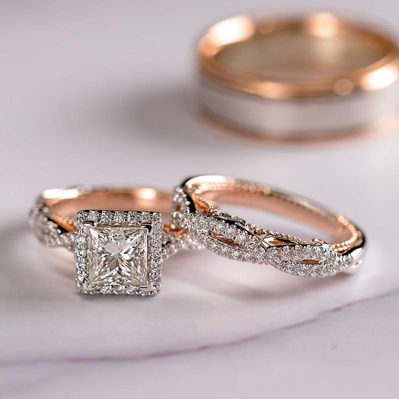 Ring Set with Geometric Inlay, Full of Zirconia Stones, Designed As a Pair of Rings, Versatile and Elegant Plain Band Ring