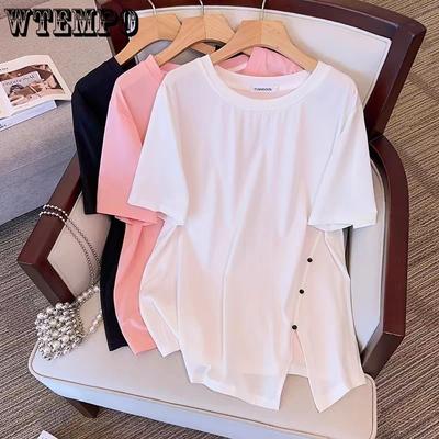 Large Size Women's Summer Clothing Irregular Slit Women's T-shirt Loose Slimming Short Sleeved Top