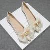 Fashion pearl beading crystal pandent flats women  silk pleated bowknot ballerina shoes woman pointed toe moccasins big size 43