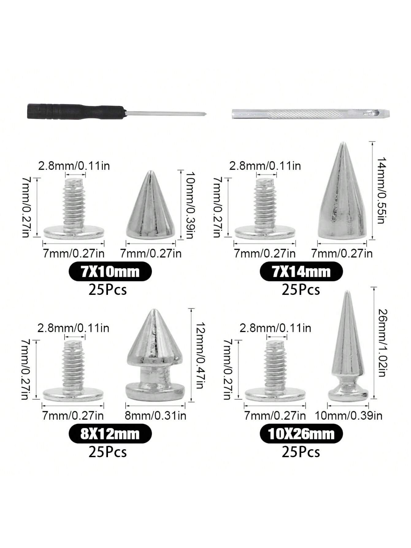 

100 шт. Шипы и заклепки смешанного размера, конусные шипы, металлические заклепки, заклепки на винтах для DIY кожаных изделий, одежды, обуви