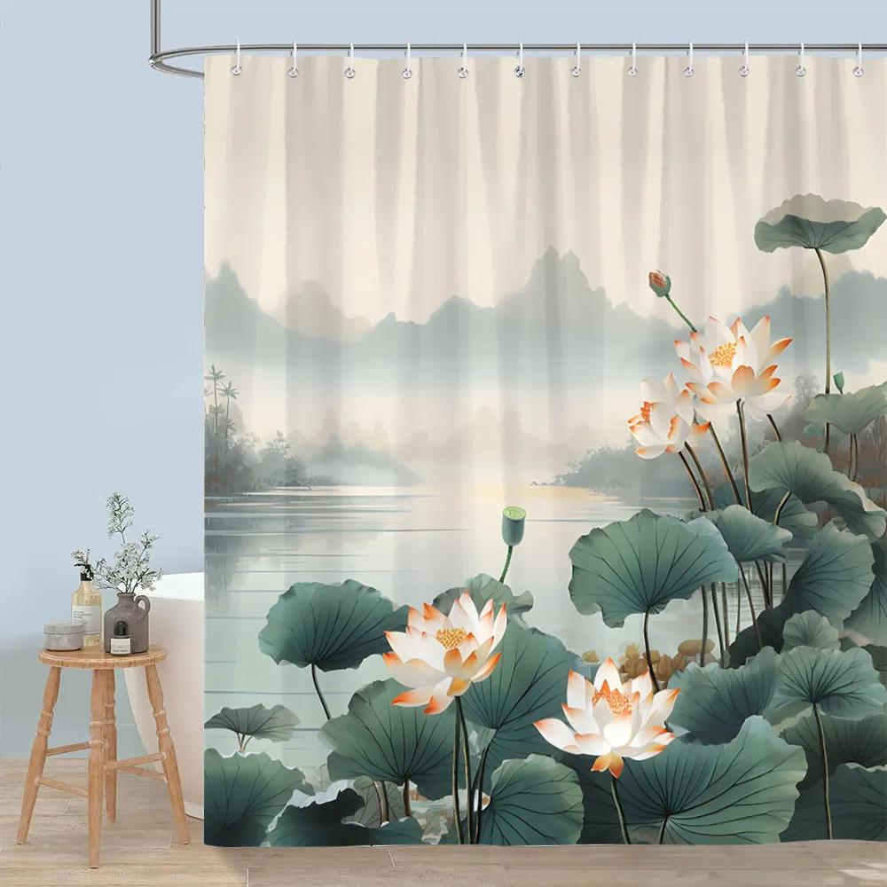 Pretty Floral Shower Curtain Blooming Flower Butterfly Lotus Polyester Fabric Home Shower Curtains Bathroom Decor With Hooks