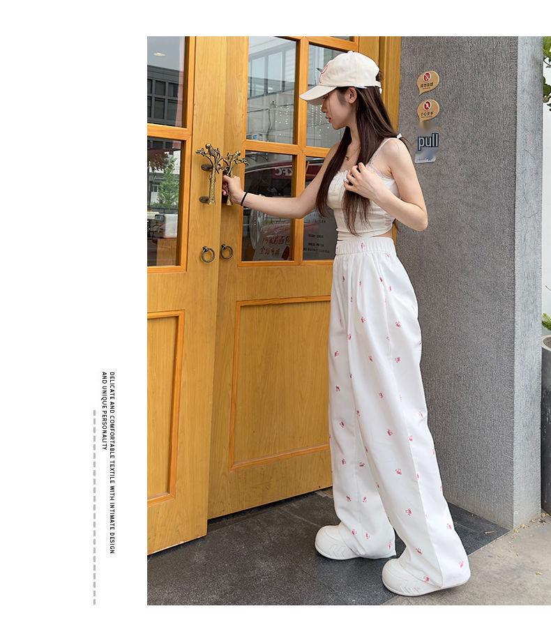 White Floral Yamamoto Women's Slim Straight Wide-Leg Bow Pants - 2025 Summer Collection.