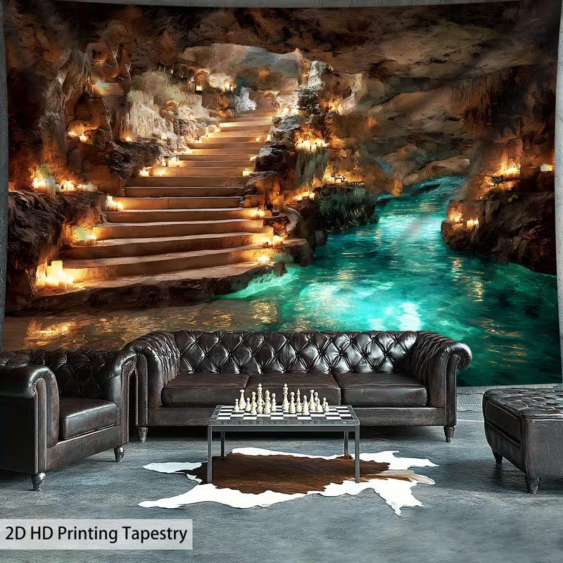 2D Turquoise River Cave Tapestry Magical Candlelit Stairs Photography Background