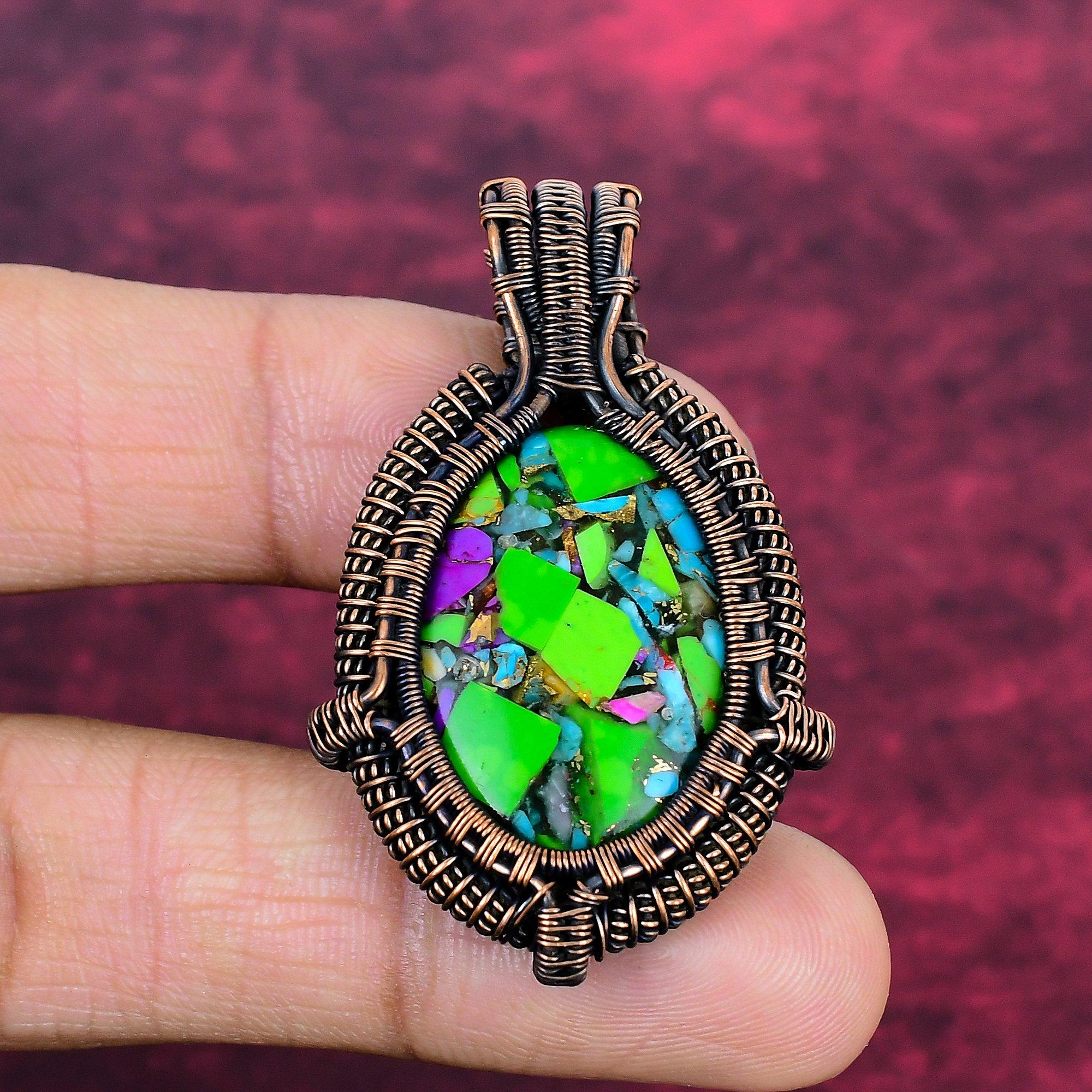 Fiesta Kingman Turquoise Gemstone Pendant Copper Wire Wrapped Handmade Pendant