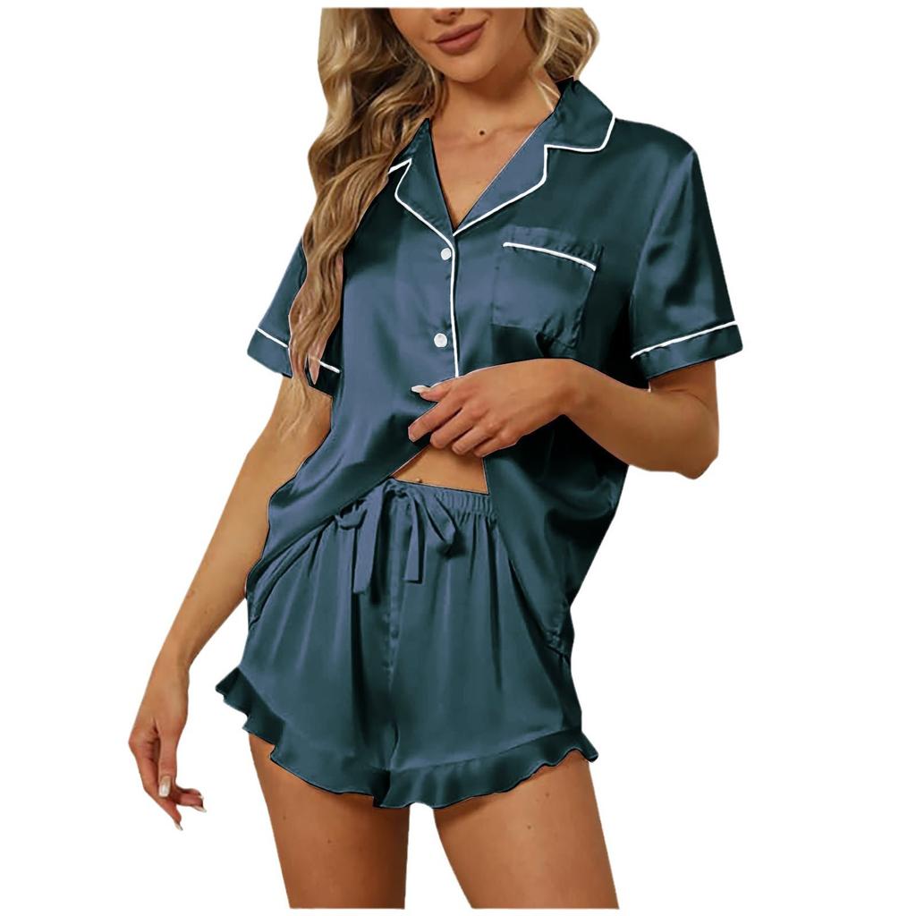 2026 Women Solid Color Pajama Set, V-Neck Short Sleeve Shirt & Lapel Loose Loungewear Set