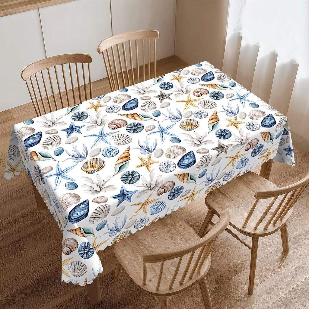 Summer Seashell Starfish Rectangle Tablecloth for Table Decor Washable Farmhouse Kitchen Dining Tablecloth Wedding Party Decor