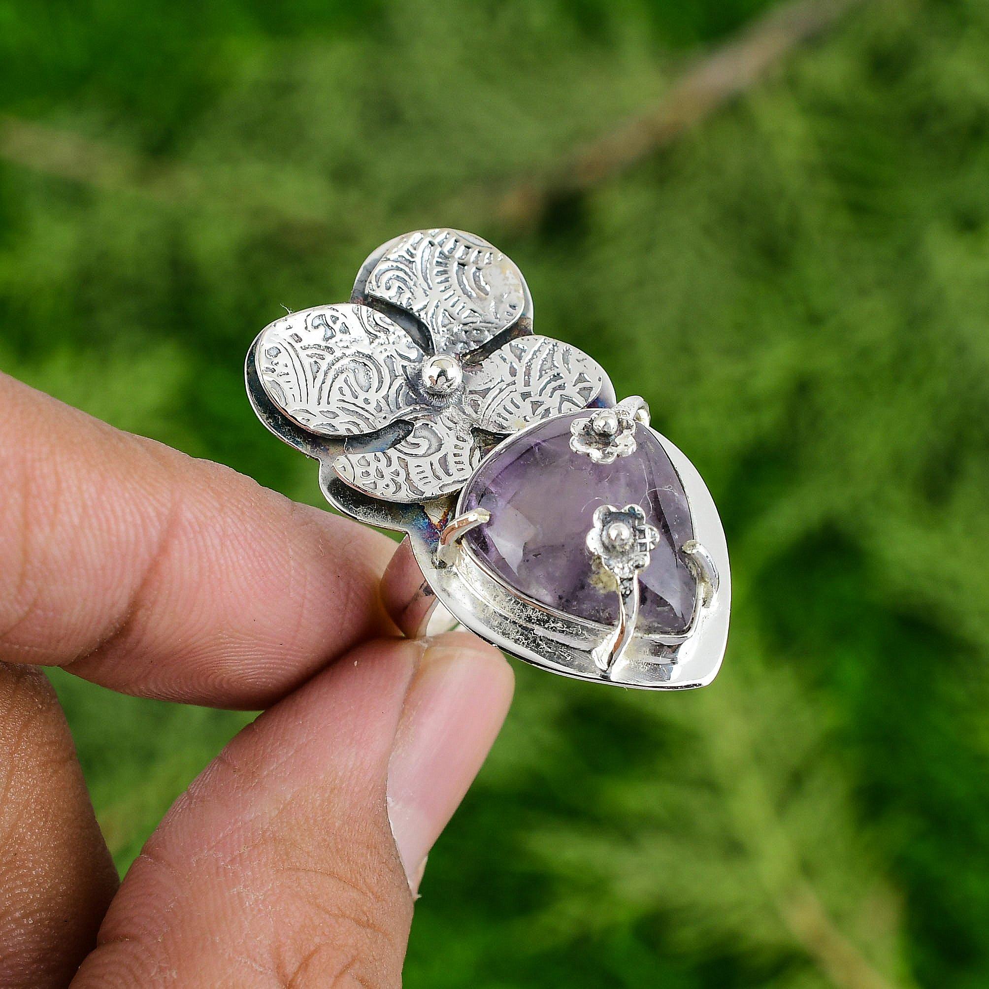 

Натуральный африканский аметист серебро 925 пробы кольцо-солитер цветок регулируемое для девочек Adjustable