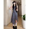 Retro Plaid Dress Women's Summer Temperament Waist Vest Skirt Design Sense Niche Irregular A-shaped Skirt Long Skirt