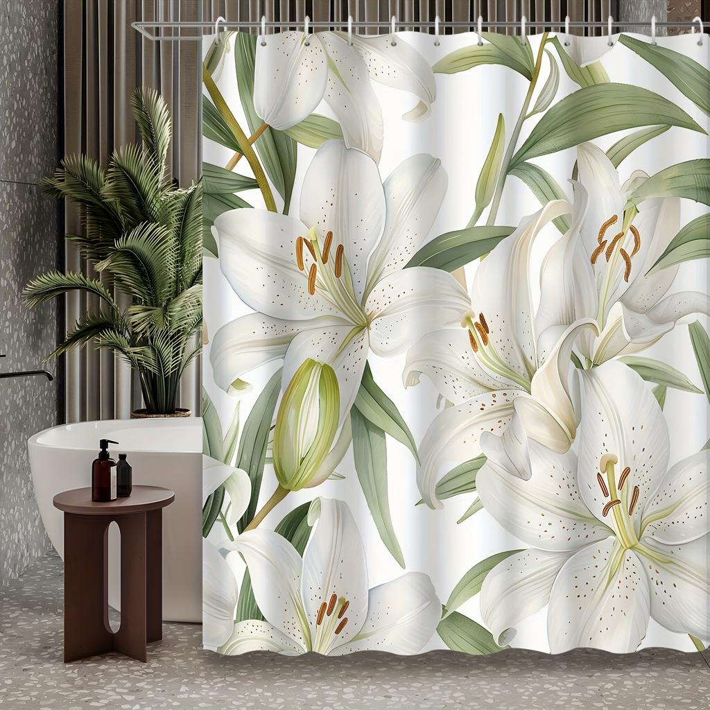 1 piece beautiful pure white lily flower shower curtain, polyester fabric, machine washable, suitable for bathroom decoration