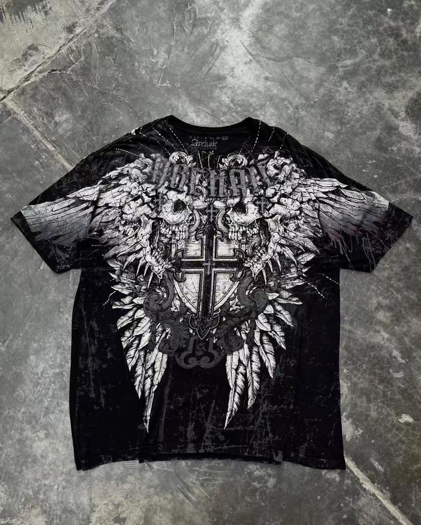 Y2K Style Gothic Affliction Distressed Cotton Shirt Oversized Punk Graphic Print Washed Soft Round Neck Tee Retro Short sleeve