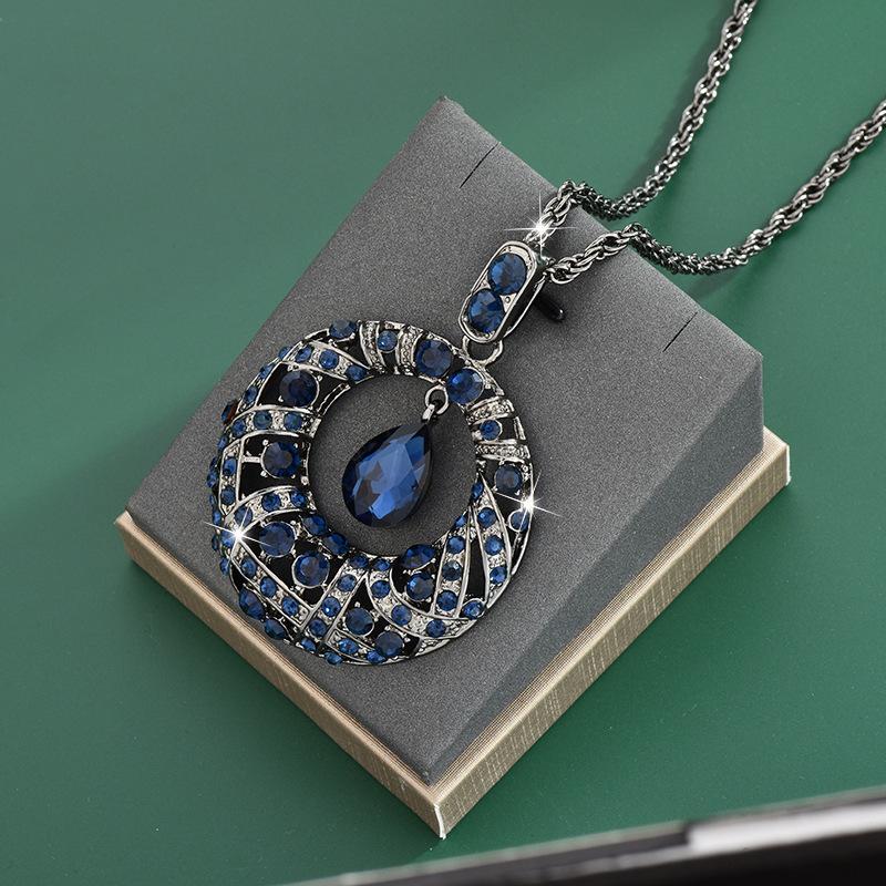 Niebieskie Kropelki Wody Okrąg Długi Łańcuszek Naszyjniki dla Kobiet Vintage Kryształowe Geometryczne Naszyjniki Biżuteria Collier Femme Prezent na Imprezę