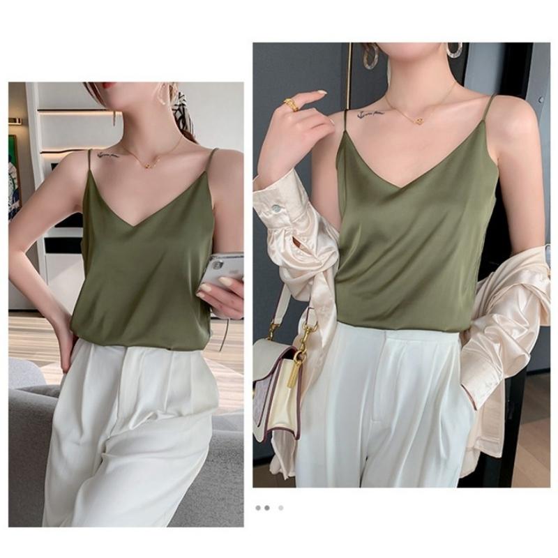 Women's V-Neck Sleeveless Camisole Top Satin Acetate Blend Inner Outer Wear Elegant Style with Suit for Summer Fashion