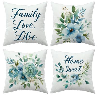 4 Piece Decorative Pillow Covers Set Perfect For Home Decor And Bedding Featuring Charming Watercolor Blue Floral Design And