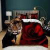Sada povlečení Tiger Red Rose Flower Přikrývka pro chlapce Africké safari Divoká zvířata Velká kočka Queen King Polyesterový povlak na přikrývku