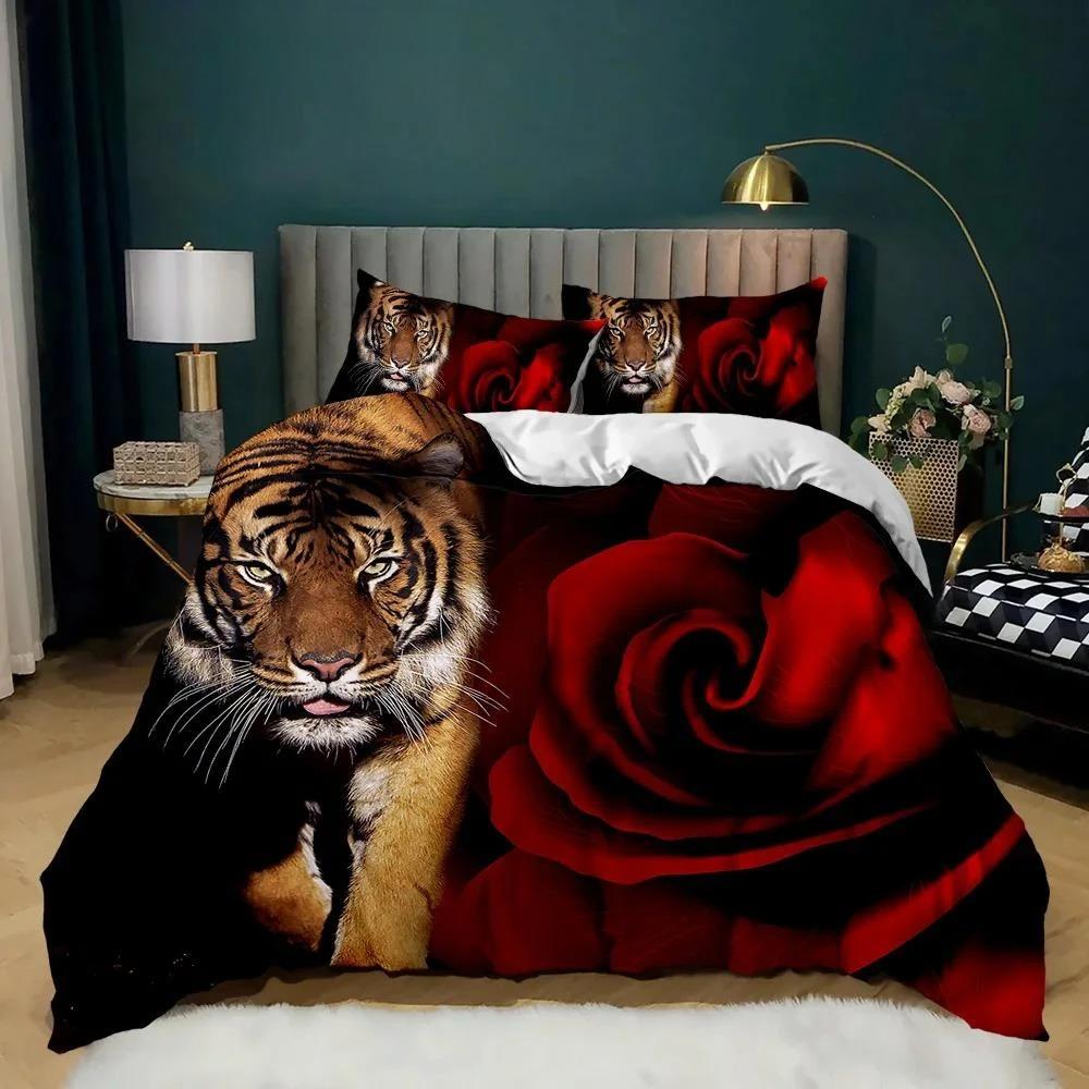 Sada povlečení Tiger Red Rose Flower Přikrývka pro chlapce Africké safari Divoká zvířata Velká kočka Queen King Polyesterový povlak na přikrývku