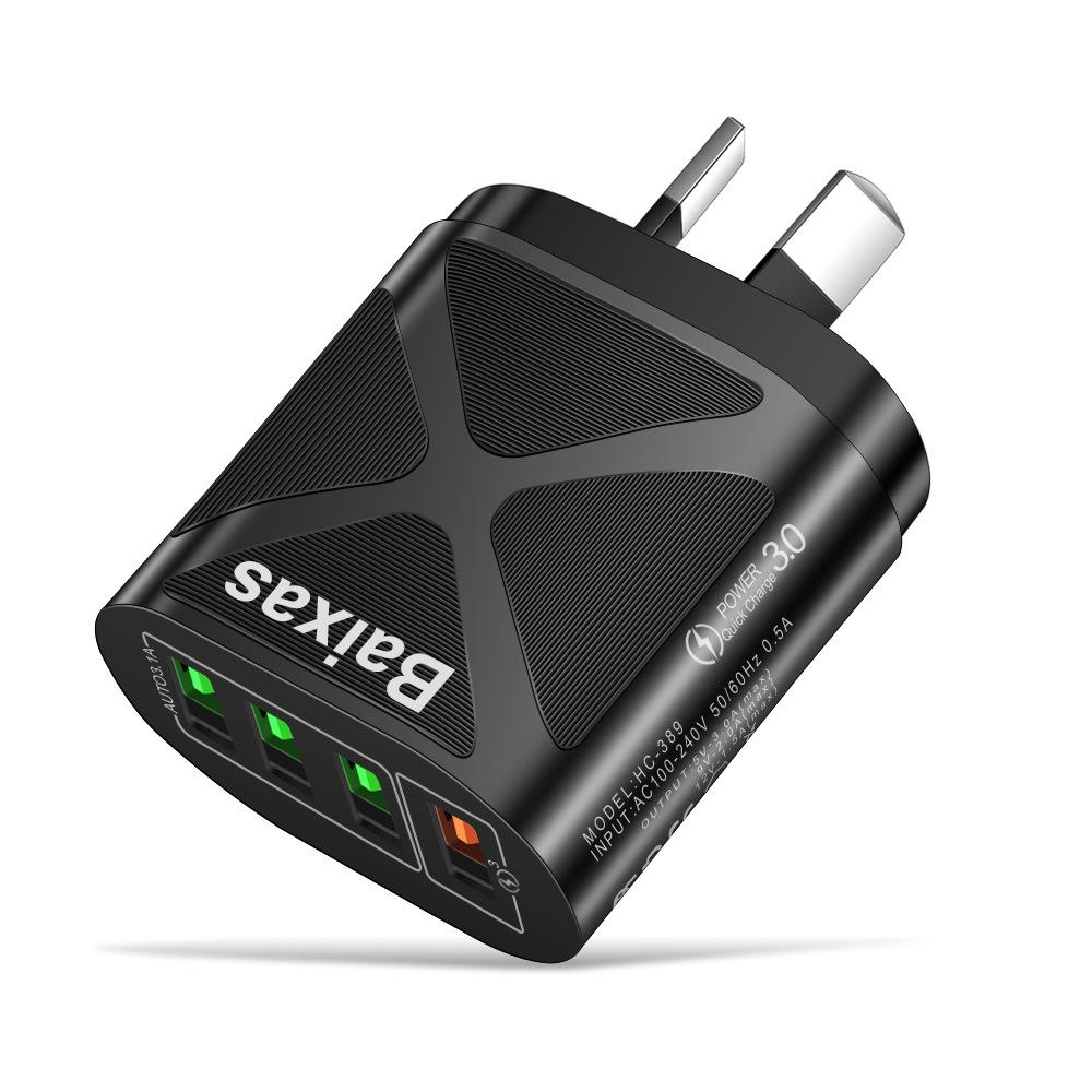 Multi-Port USB Fast Charger QC3.0, 4 Ports, 5V/9V/12V, Compatible with EU/US/UK/AU Standards