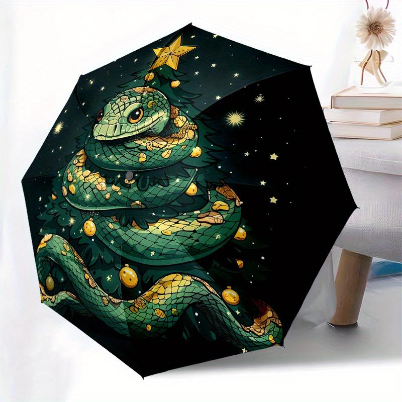 Snake Christmas Tree Theme 8 Bone Hand Automatic Folding Umbrella, Compact and Portable Design, A Perfect Gift for Birthday, Christmas or Bu