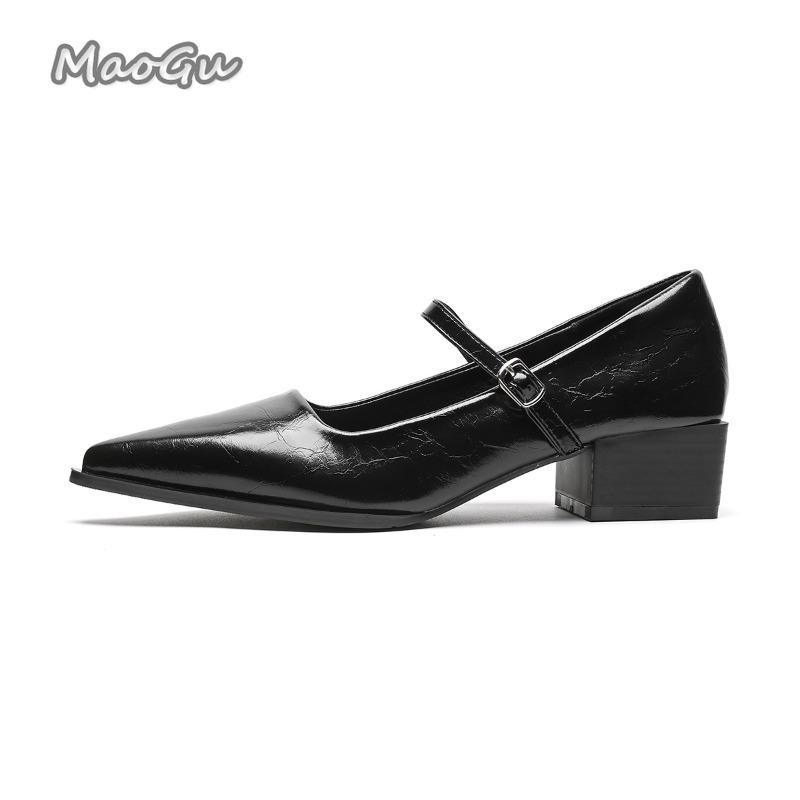 Fashion French Style Silver Black Mary Jane Shoes Pointed Toe Chunky Heel Ankle Strap Dress Shoes for Women Elegant Mid Heel Pumps 34-42