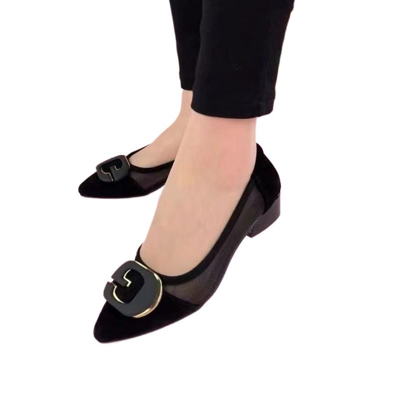 Mesh Sandals Women's 2025 New Spring and Summer Shallow Mouth Pointed Head Low Heel Thick Heel Single Shoes Hollow Breathable Large Size Women's Shoes