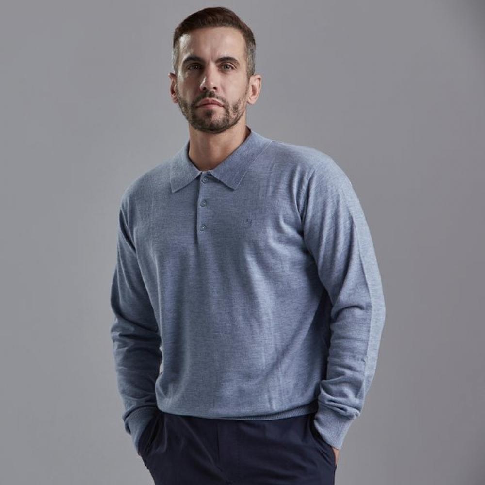 Lambda Men S Merino Wool Golf Knit Polo Long Sleeve Shirt Arctic Blue 52439