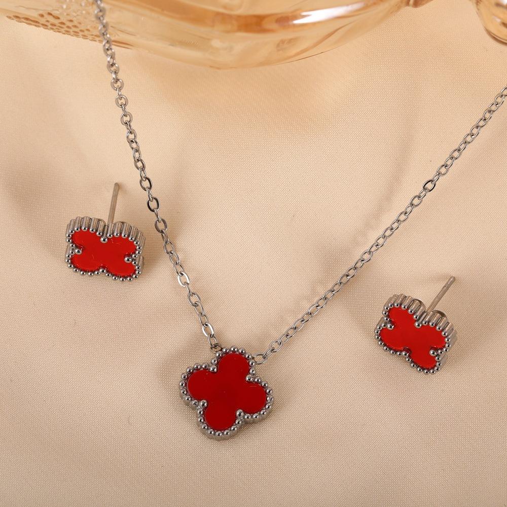 

Комплект из 2 предметов «Кловер» из нержавеющей стали, модное ожерелье, украшения для ушей и ногтей, комплект из двух предметов necklace+earrings красный