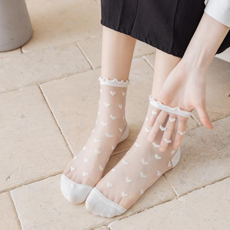 1 Pair Women's Lolita Summer Thin Crystal Glass Socks French Lace Ruffled Knee High Heart Stripes Sheer Mesh Socks for Girls