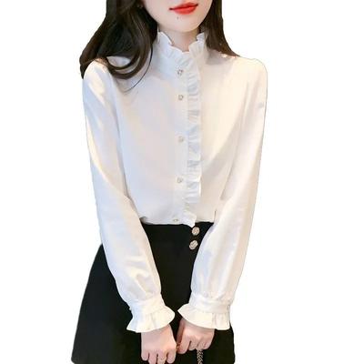 Palace Style Ruffled Stand Collar  Women's Autumn Winter New White Inner Shirt High-end Chic Top