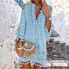 Boho Lace Mini Dress Women Fashion V Neck Three Quarter Sleeve Tassel Dress