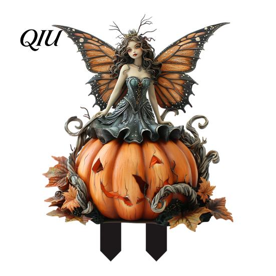 Festive Garden Stake Pumpkin Fairy Stake, 2D Acrylic Butterfly Wing Yard Art Waterproof Outdoor Halloween Decoration for Lawn Patio