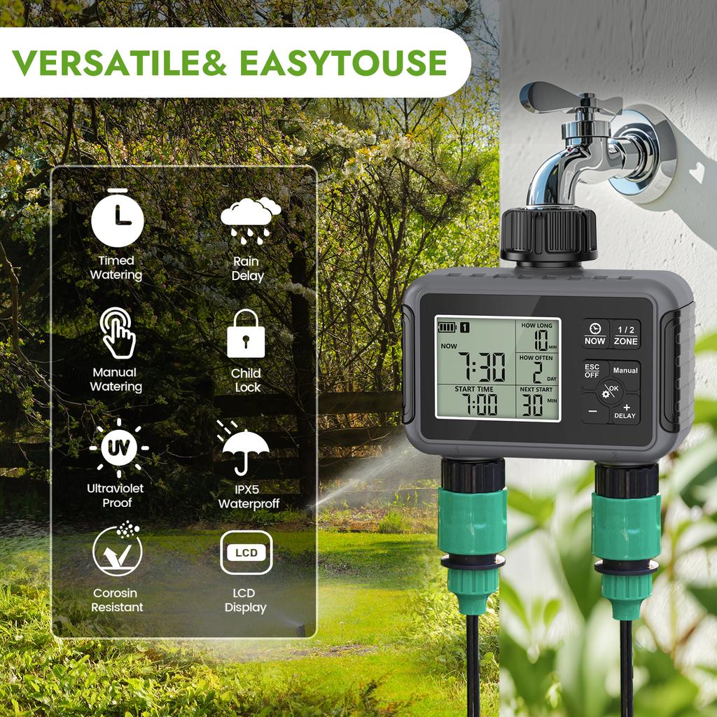 Programmable Dual-Outlet Water Hose Timer, Rainproof Irrigation Controller with Rain Sensor for Automatic Garden Watering