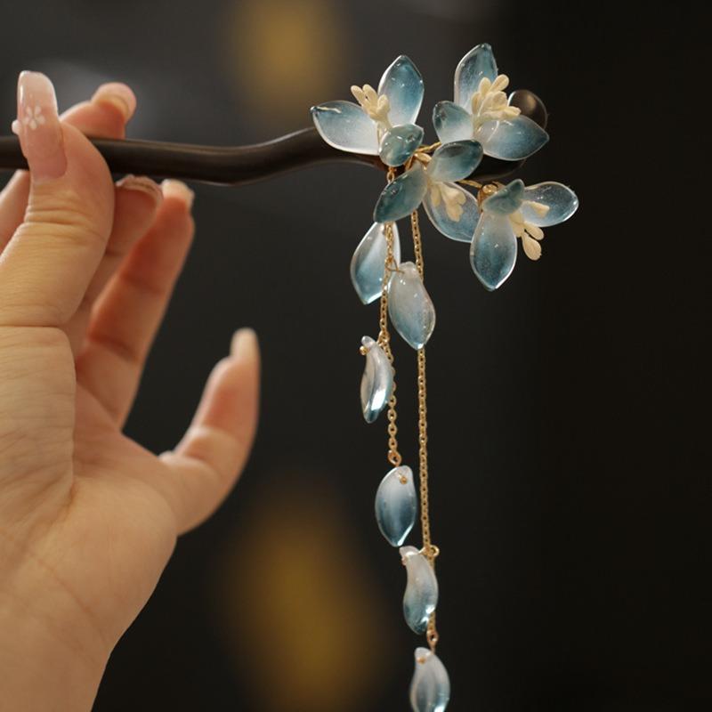 New Chinese Style Glazed Flower Fringed Hairpin Chinese Style Retro Temperament Hairpin Cheongsam Fashionable Versatile Hairpin Hair Accessories