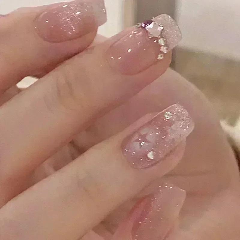 24Pcs Cute Short Square Press On Nails Cat Eye Glitter Diamond Full Cover Artificial Nail Tips For Girls