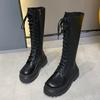 Women Motorcycle Boots PU Leather Boots Wedges Flat Shoes High Heel Zipper Black Long Boot Platform Lace Up Women's Boots 2026