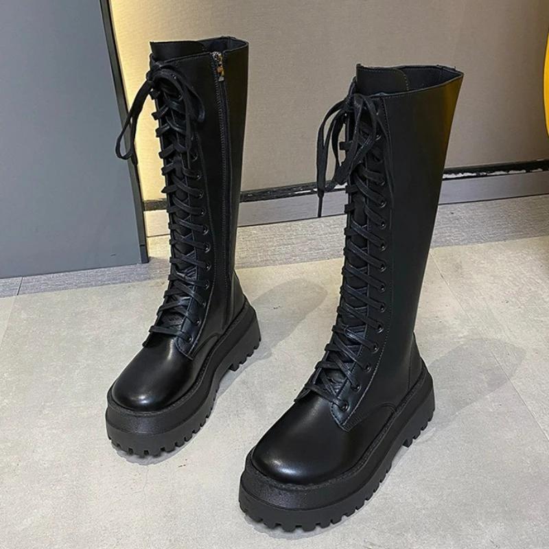 Women Motorcycle Boots PU Leather Boots Wedges Flat Shoes High Heel Zipper Black Long Boot Platform Lace Up Women's Boots 2026