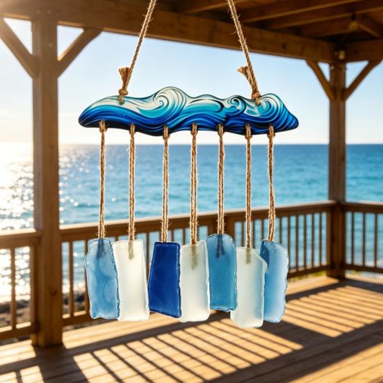 Meerglas-Windspiel für draußen Handgefertigt Meereswelle Küstenstil Hängendes Ornament für Strand Terrassen Dekoration Geschenke für Frauen
