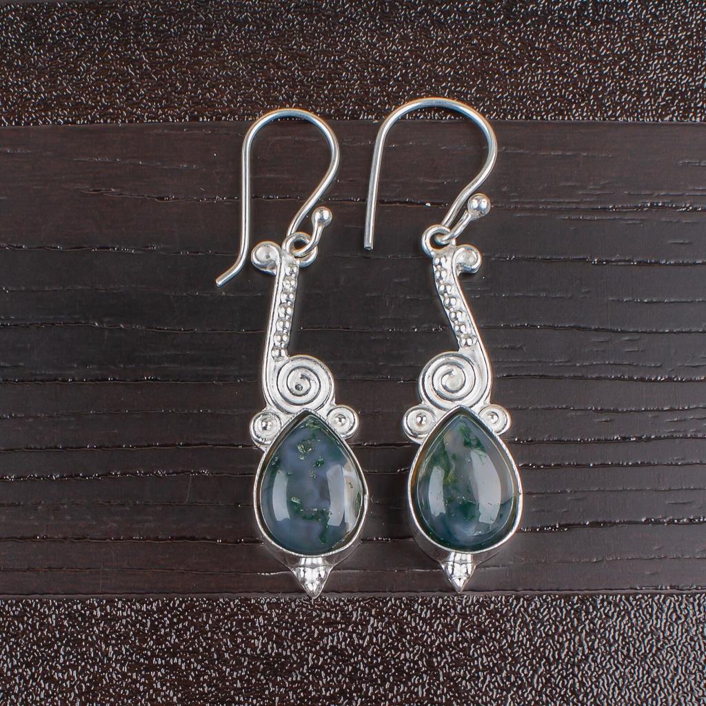 Authantic Moss Agate Gemstone 925 Sterling Silver Handmade Jewelry Earrings EE-37-28