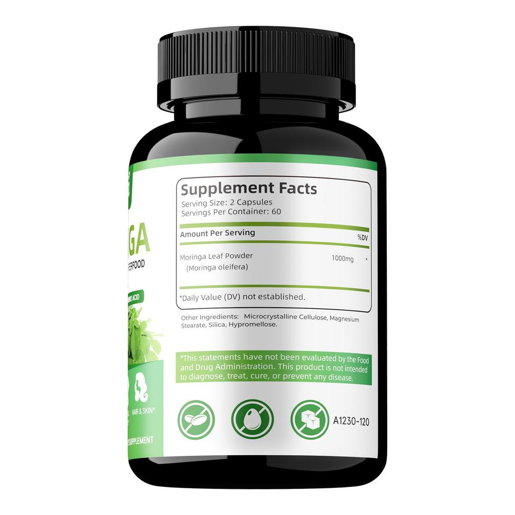 Cápsulas de folhas de moringa, 1000 mg por dose, antioxidante, melhora a saúde da pele e das articulações, adequado para adultos.