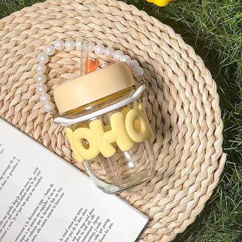 Drinking Cup Transparent Glass High Value Anti-Scalding Cute Straw Cup Pearl Bracelet Letter Water Cup