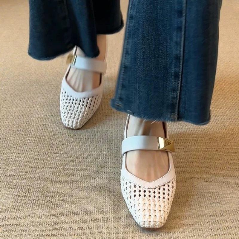 Women's braided microfiber patchwork slip-on pumps hollow-out breathable summer sandals shoes