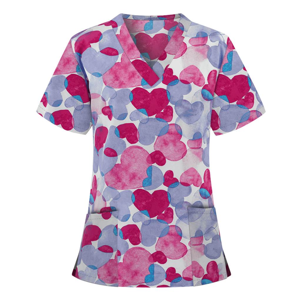 Uniforms Women Medical Elegant Heart Print Obstetrics Medico Top Fashion V-Neck Short Sleeve with Pocket Clinical Uniforms Woman