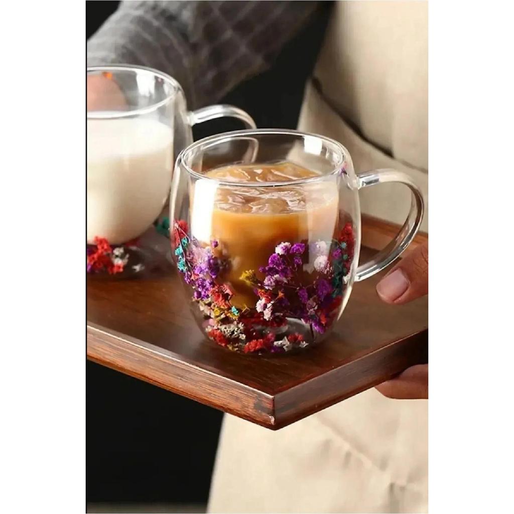 Borosilicate Double Walled Flower Glass 250ml Coffee Tea Cold Soft Drink Glass 1 Piece