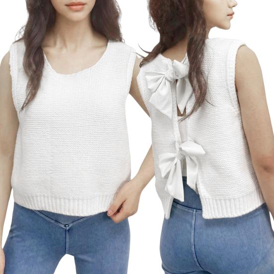 Women Knitted Vest Round Neck Sleeveless Crop Tank Bow Tie Decor Hollow