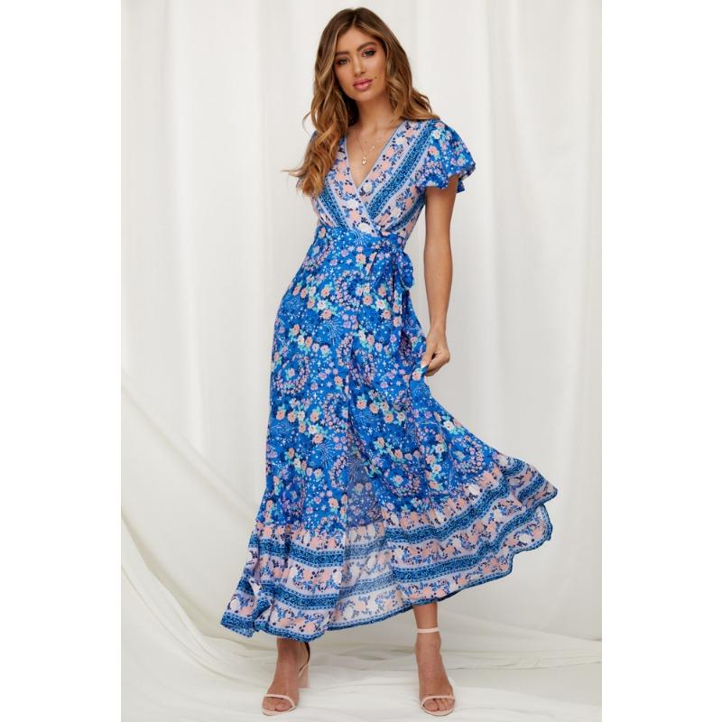 Summer Short Sleeve Casual Printed Long Dress Sexy Floral Fashion Elegant Loose Holiday A-line High Slit Party Dress Slim Fit Women's Clothing