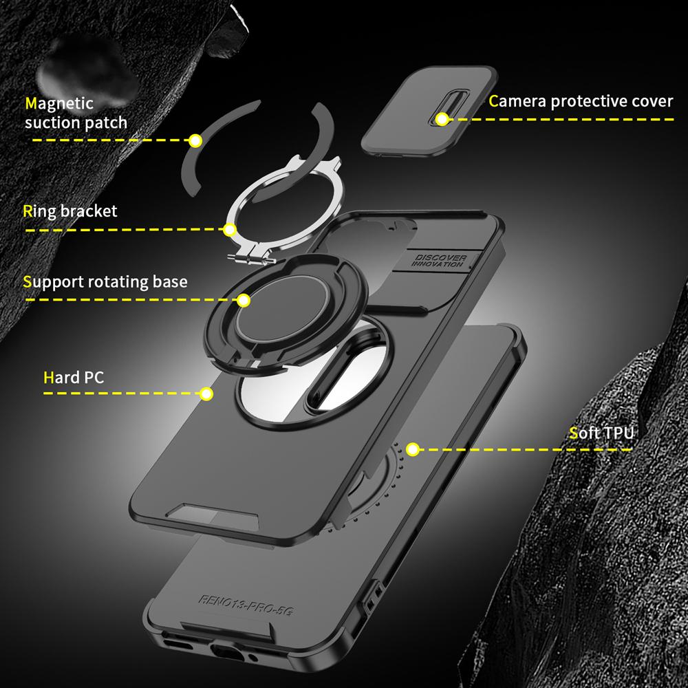 KEYSION 360° Ring Stand Phone Case for OPPO Reno13 Pro 5G Slide Camera Protection Magnetic Shockproof Cover for OPPO Reno13 F 5G