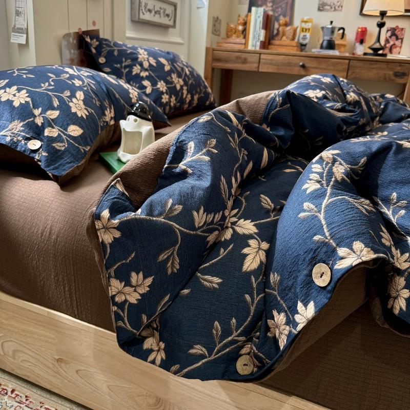 2026 Vintage Linen-like Floral Bedding Set 100% Cotton Button Soft Bed Sheets
