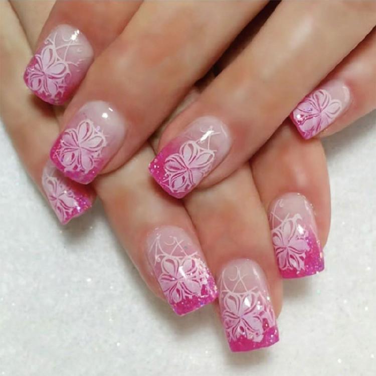 

Medium Square French Tip Press On Nail 24Pcs Flower Designs Full Cover False Nail Artificial Nail for Salon or Home Use 1