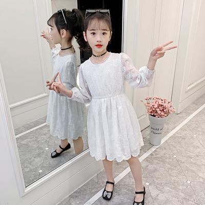 Girls' White Dress Spring Dress Big Children's Skirt Long-sleeved Lace Princess Dress