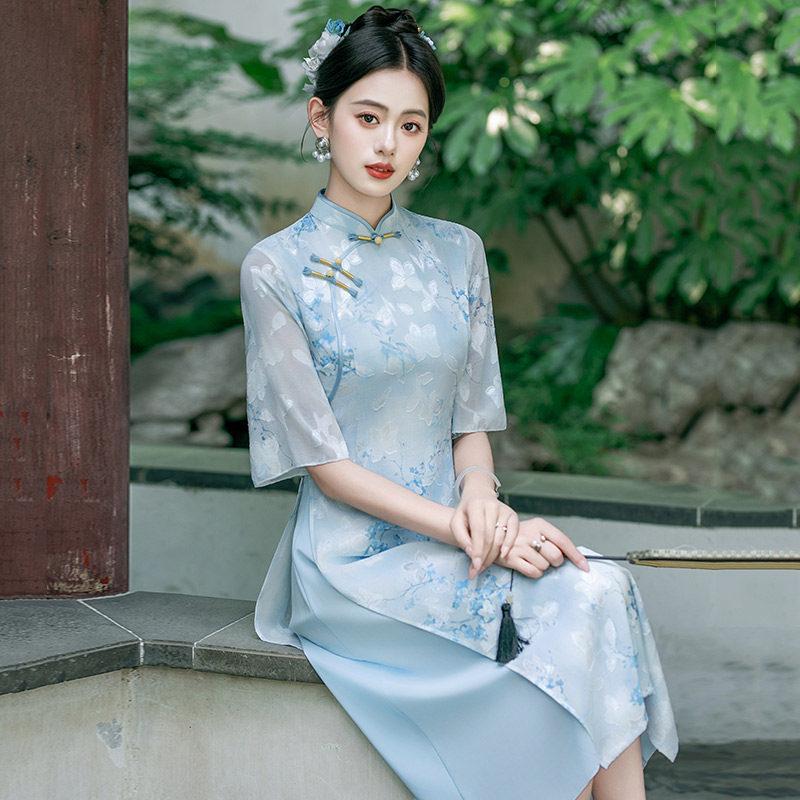 Blue Aodai national style new Chinese Suzhou cheongsam improved young 1011 new women's high-end dress summer